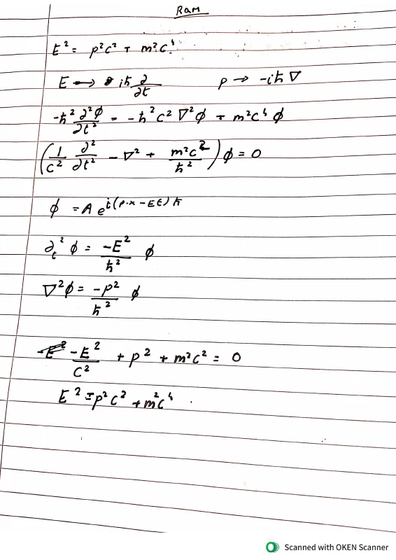 First handwritten page deriving the Klein-Gordon equation from the relativistic energy-momentum relation.
